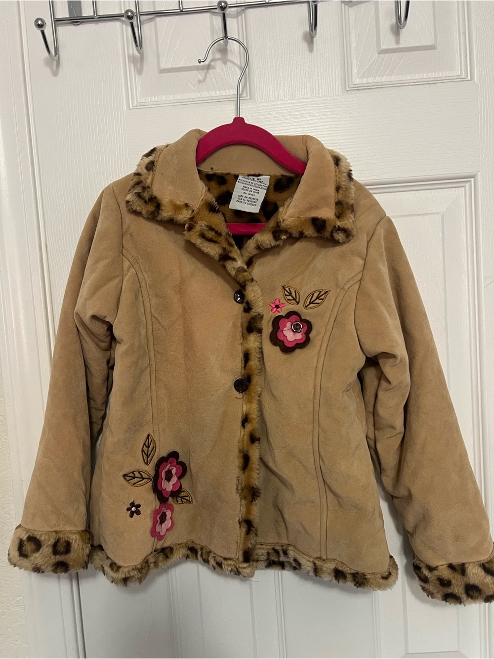 y2k Girls Tan Faux-Suede Coat with Leopard Trim and Pink Floral Appliqué